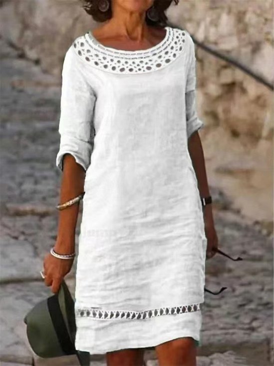 Casual Plain Hollow Out Crew Neck Midi Dress