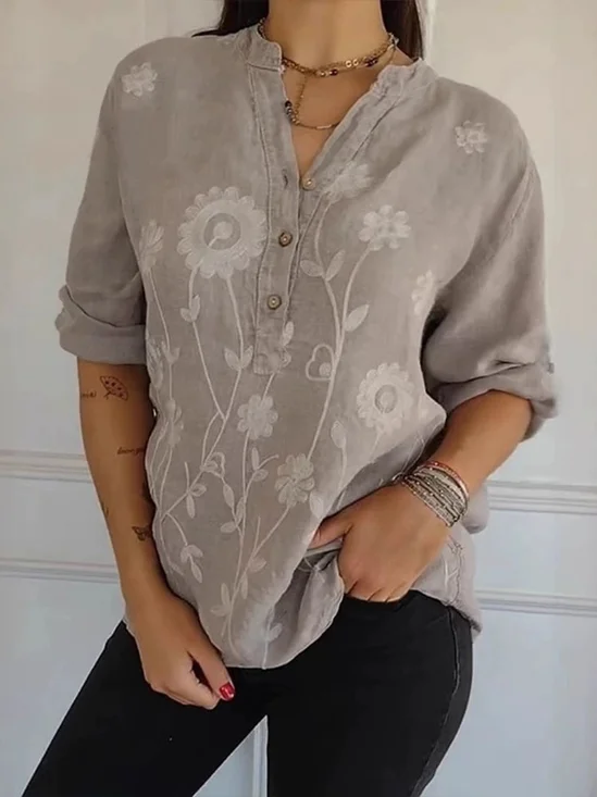 Casual Plain Embroidery V Neck Blouse