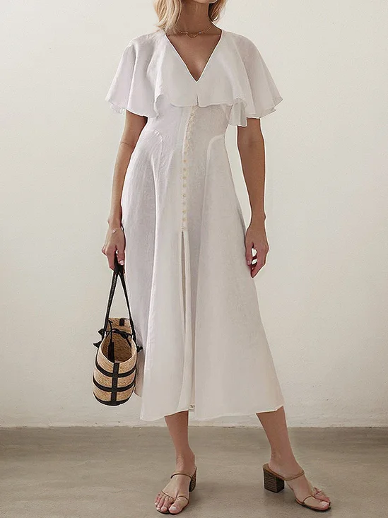 Elegant Plain linen-cotton Midi Dress
