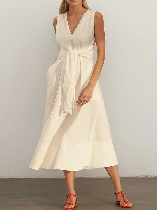 Elegant Plain linen-cotton Midi Dress