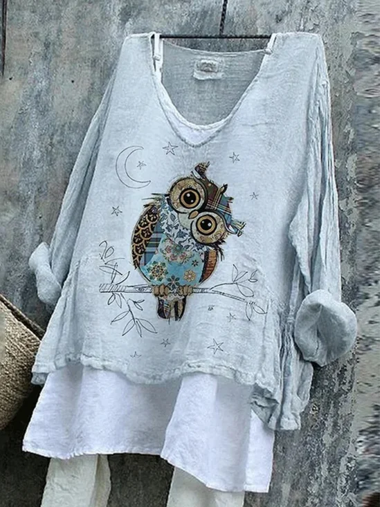 Women Animal V Neck Vintage Long Sleeve T-shirt