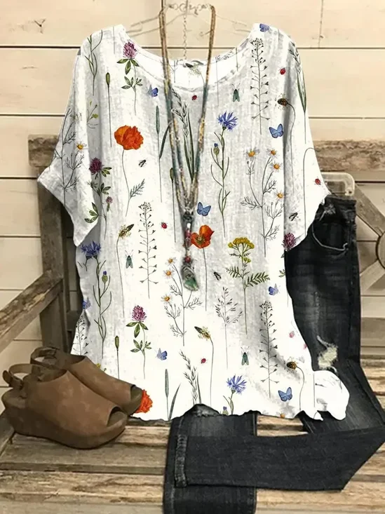 Women Floral Crew Neck Vintage Three Quarter Sleeve T-shirt