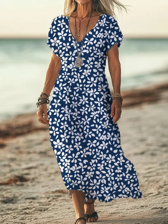 Women's Floral Print Casual V-Neck Short Sleeve Dress