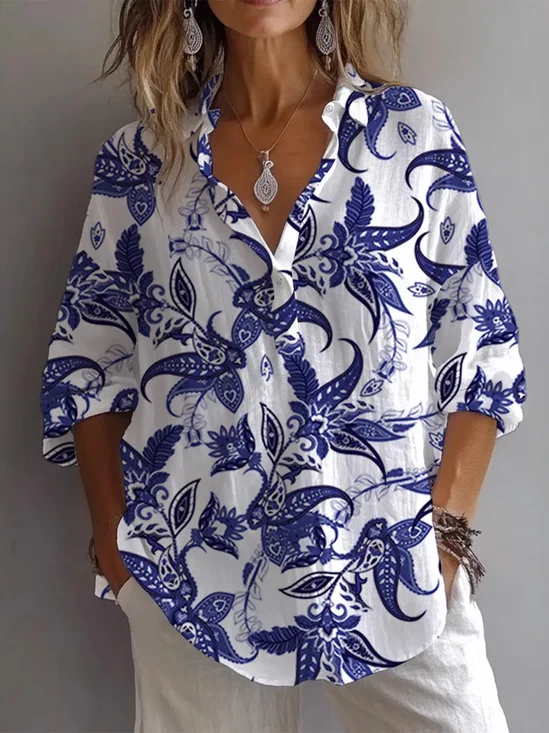 Vacation Floral Shirt Collar Blouse
