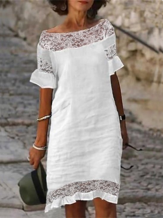 Casual Plain Split Joint Crew Neck Knee Length Dress