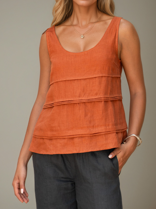 Linen Casual Plain Crew Neck linen-cotton Tank Top