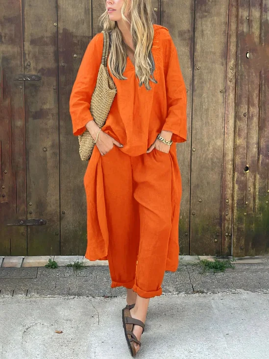 Casual Plain V Neck Two-Piece Set