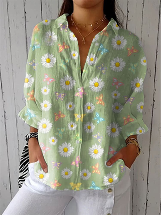 Vintage Hand Painted  Casual Linen V Neck Shirt