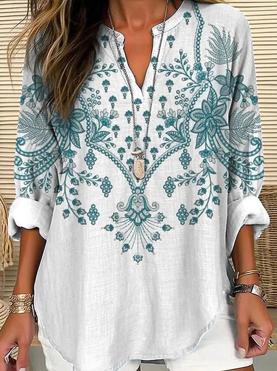 Cotton Nationality/Ethnic Casual Shawl Collar Blouse