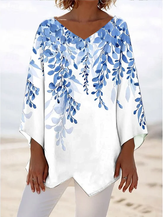 Plants Loose Simple V Neck Blouse