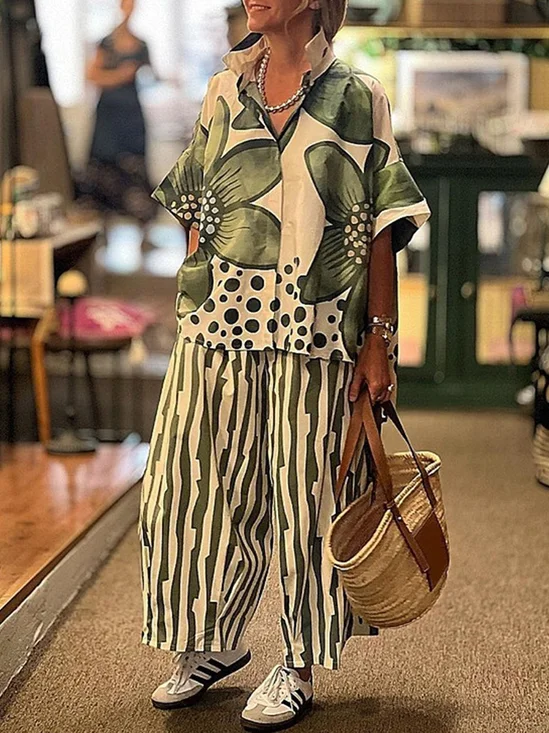 Casual Floral Shirt Collar Two-Piece Set