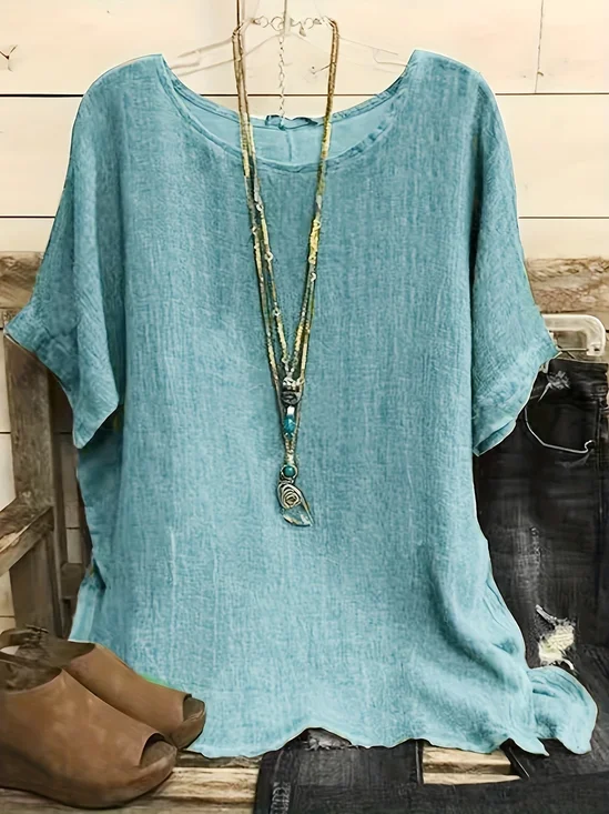 Women Plain Crew Neck Casual Short Sleeve T-shirt
