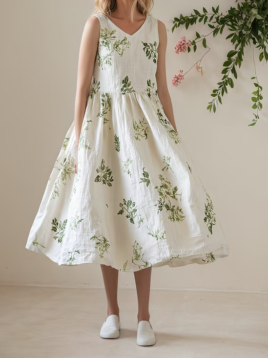 Vacation Plants V Neck linen-cotton Midi Dress