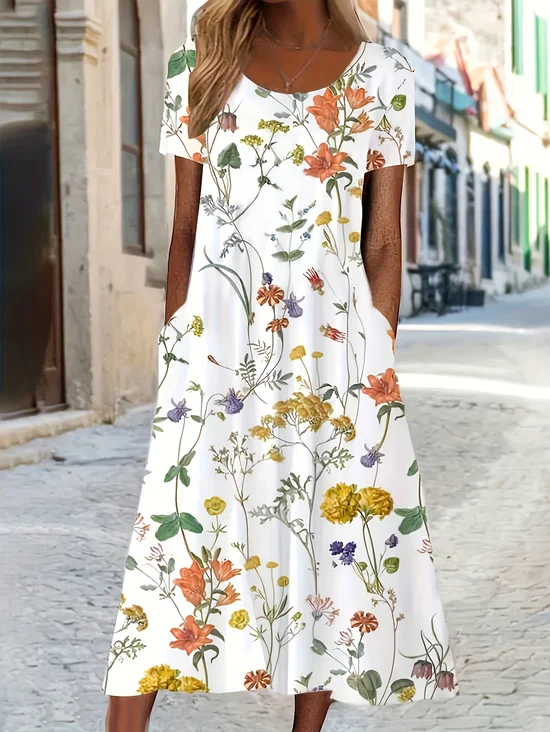 Women's Short Sleeve Summer White Floral Printing Crew Neck Daily Going Out Casual Maxi H-Line Shift Dress Dress