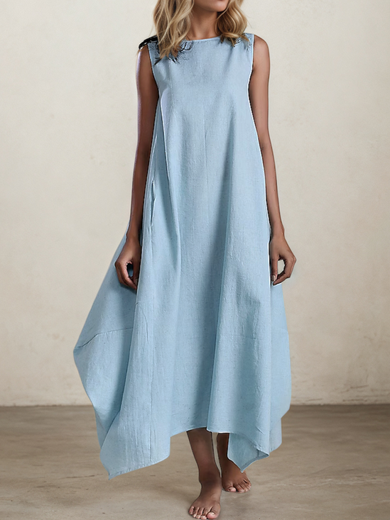Casual Plain linen-cotton Crew Neck Maxi Dress