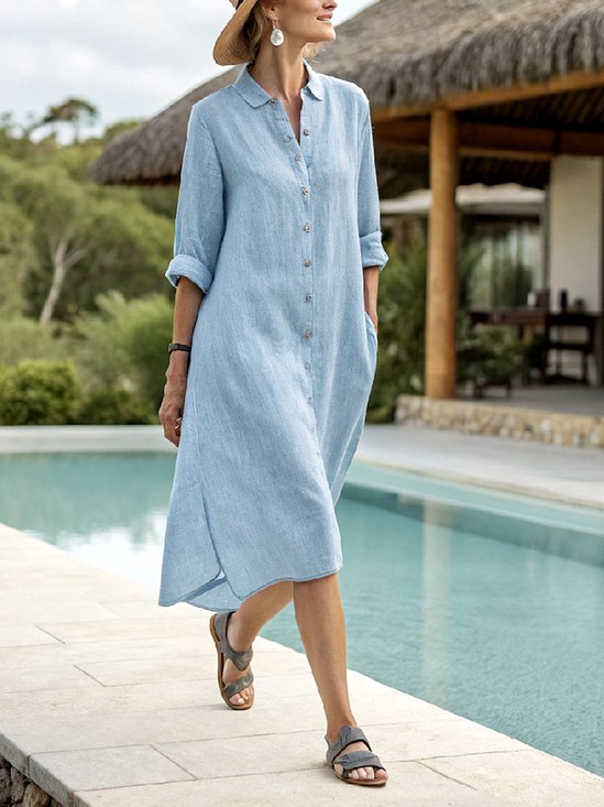 Plain Cotton Casual Dress With No