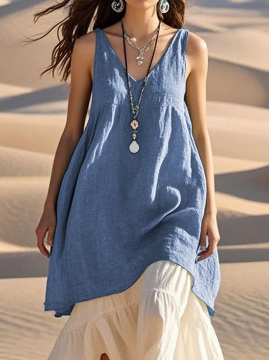 Plain Linen Casual Dress With No