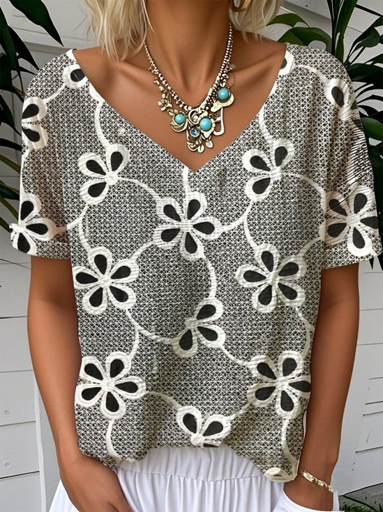Women Floral V Neck Casual Short Sleeve T-shirt