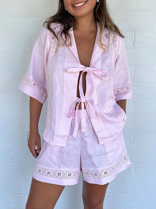 Casual Plain Shawl Collar Two-Piece Set