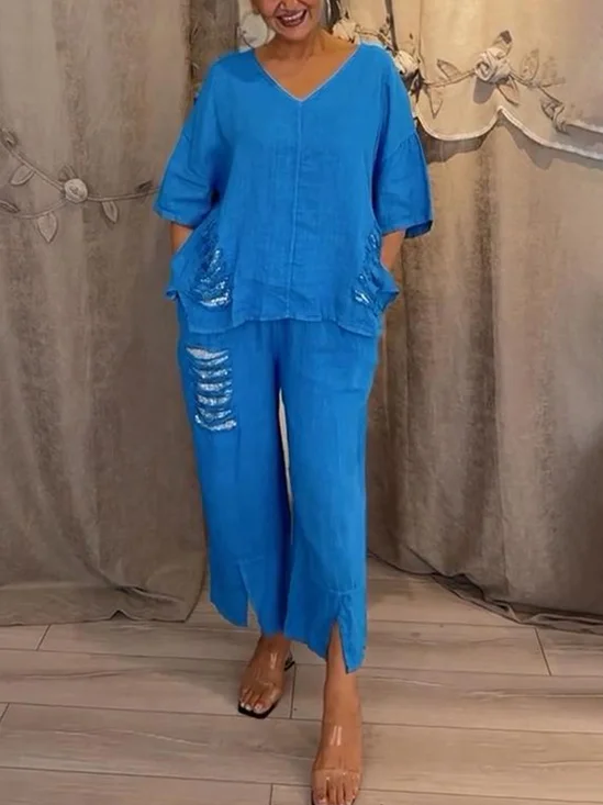 Casual Plain V Neck Two-Piece Set