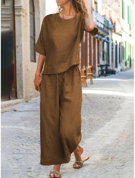 Loose Crew Neck Casual Linen Blend Two-Piece Set