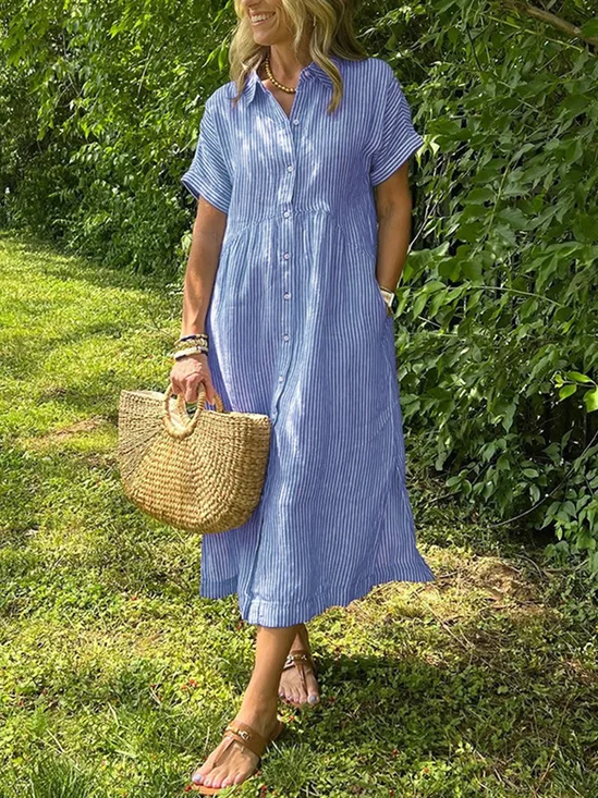 Casual Striped Shirt Collar Maxi Dress