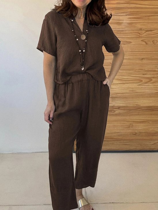 Casual Plain V Neck Two-Piece Set