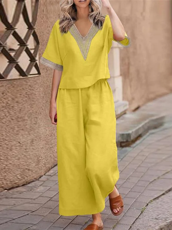 Casual Plain V Neck Two-Piece Set