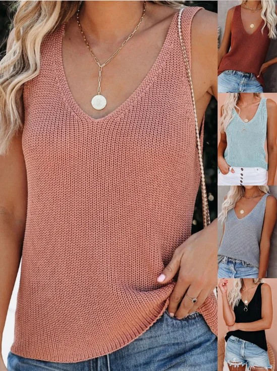 Women's Sleeveless Tank Top Summer Gray Plain Hollow Out Cotton V Neck Daily Going Out Simple Top