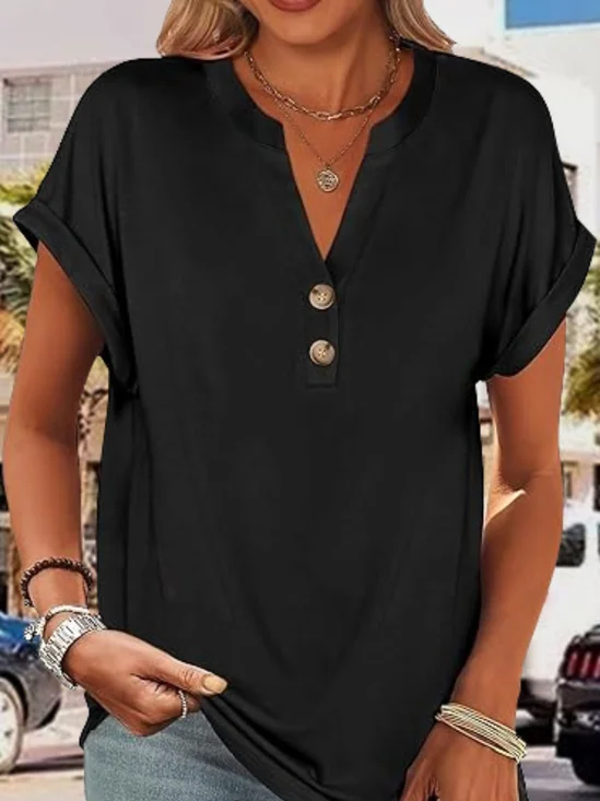Women Plain V Neck Casual Short Sleeve T-shirt