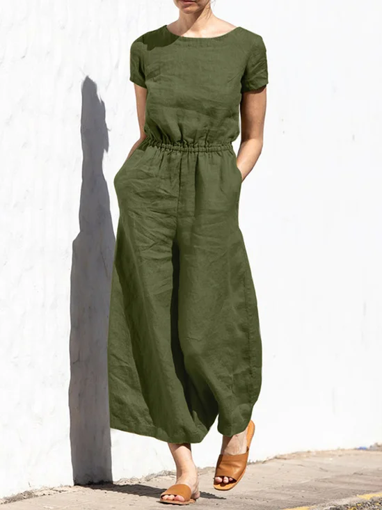 Casual Regular Sleeve Plain Crew Neck Jumpsuit