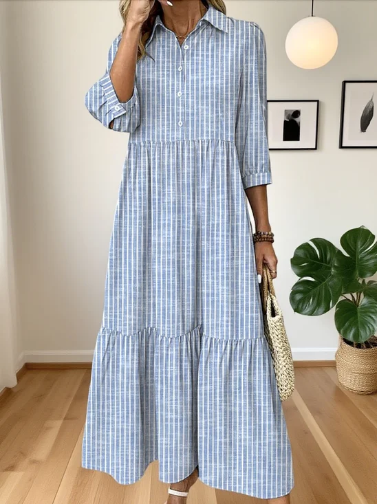 Casual Cotton Shirt Collar Dress With No