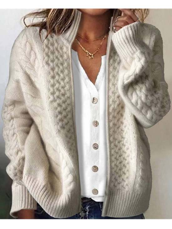 Women's Solid Color Long-Sleeved Sweater High Collar Autumn And Winter Jacquard Zipper Cardigan