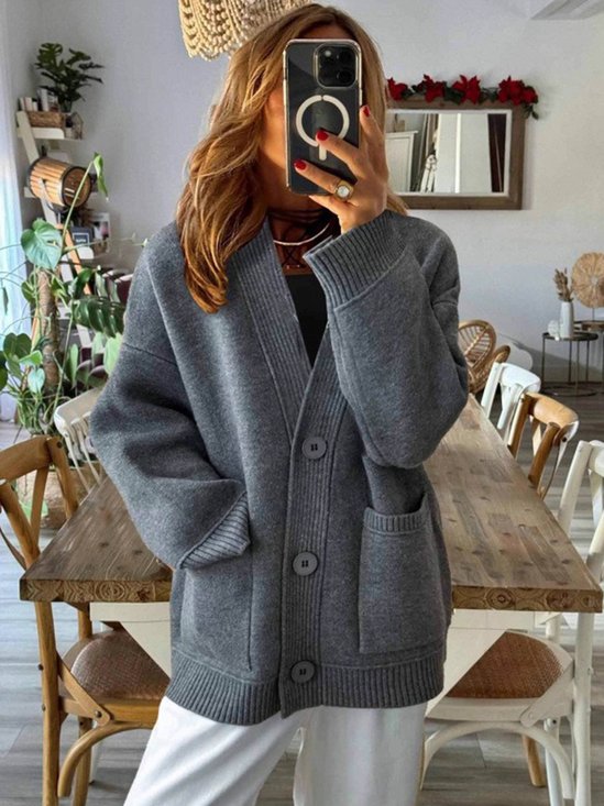 Casual Plain V Neck Cardigan
