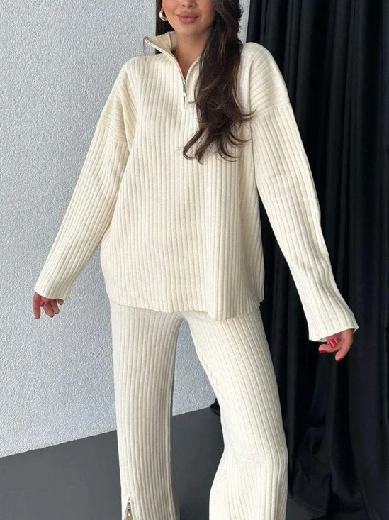 Women's Embossed Plain Daily Going Out Two-Piece Set Apricot Casual Spring/Fall Top With Pants Matching Set