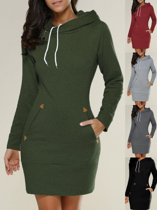 Women's Long Sleeve Spring/Fall Green Plain Split Joint Hoodie Daily Going Out Vintage Mini A-Line Tank Dress