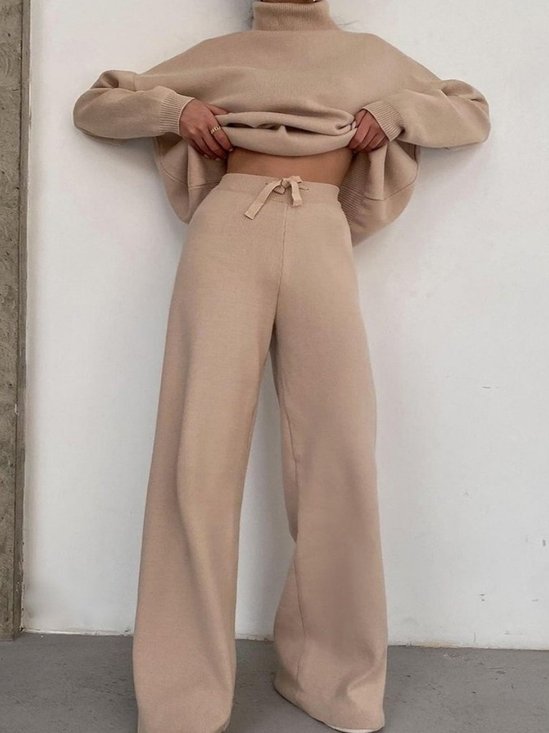 Women's Drawstring Plain Daily Going Out Two-Piece Set Khaki Casual Spring/Fall Top With Pants Matching Set