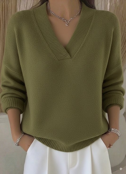 Plain Casual V Neck Loose Sweater
