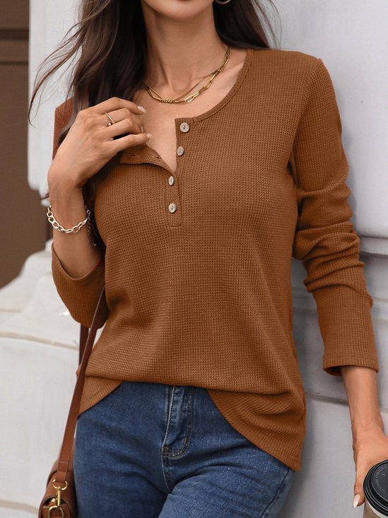 Women Plain V Neck Casual Long Sleeve T-shirt