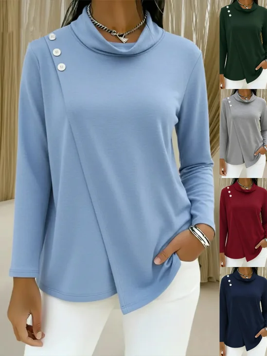 Women Plain Mock Neck Casual Long Sleeve T-shirt
