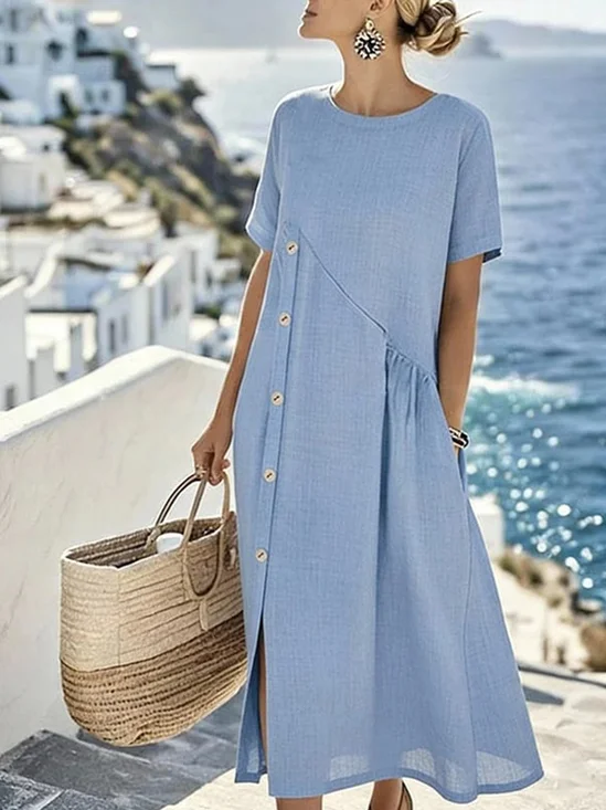 Casual Plain Buttoned Crew Neck Midi Dress