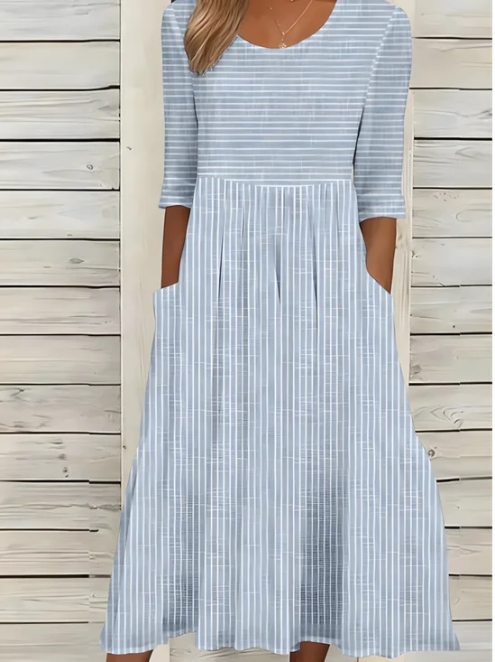 Loose Crew Neck Casual Striped Dress With No