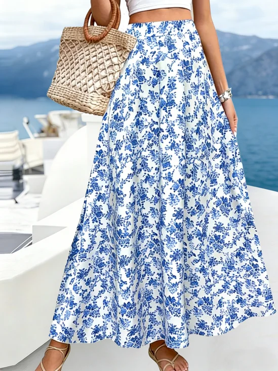 Floral Elastic Waist  A-Line Summer Casual Maxi Skirt