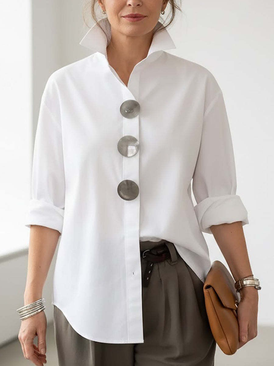 Plain Shirt Collar Metal Button Commuting Going Out Casual Shirt