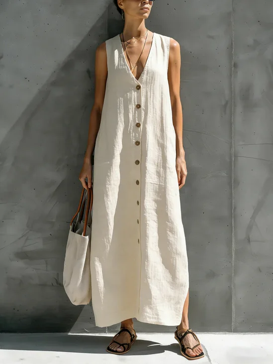 Casual Plain Buttoned V Neck Maxi Dress
