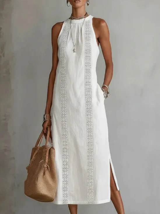 Casual Plain Lace Crew Neck Midi Dress