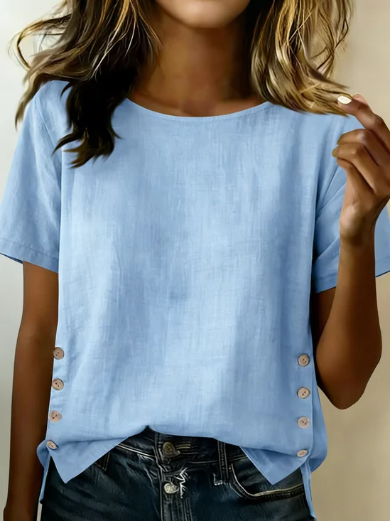 Women Plain Crew Neck Vintage Long Sleeve T-shirt