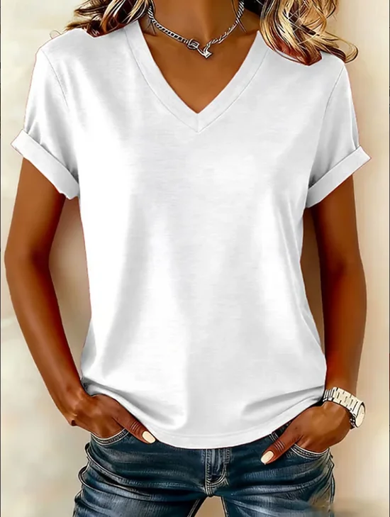 Women Plain V Neck Vintage Short Sleeve T-shirt