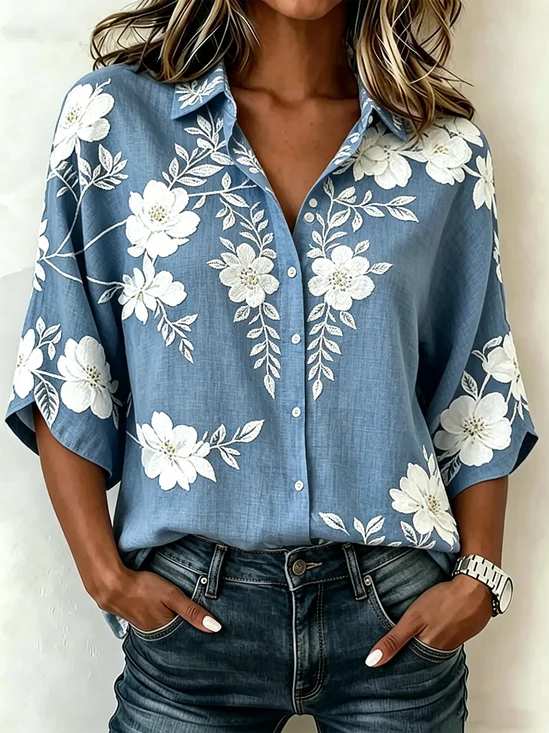 Floral Elegant Shawl Collar Loose Blouse