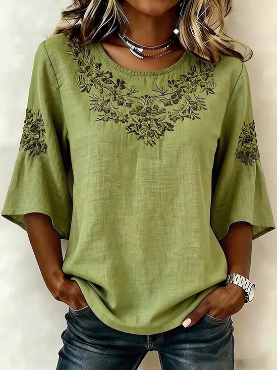 Women's Half Sleeve Blouse Summer Green Floral Printing Crew Neck Daily Going Out Vintage Top
